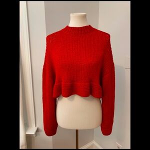 Body Map Red Cropped Ruffle Hand Knit Sweater 1980’s
